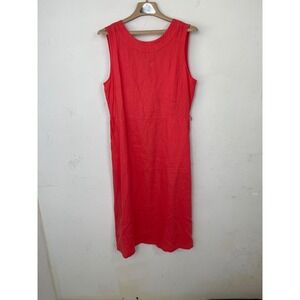 Nicole Miller New York Coral Red 100% Linen Sleeveless Midi Dress Pockets 10